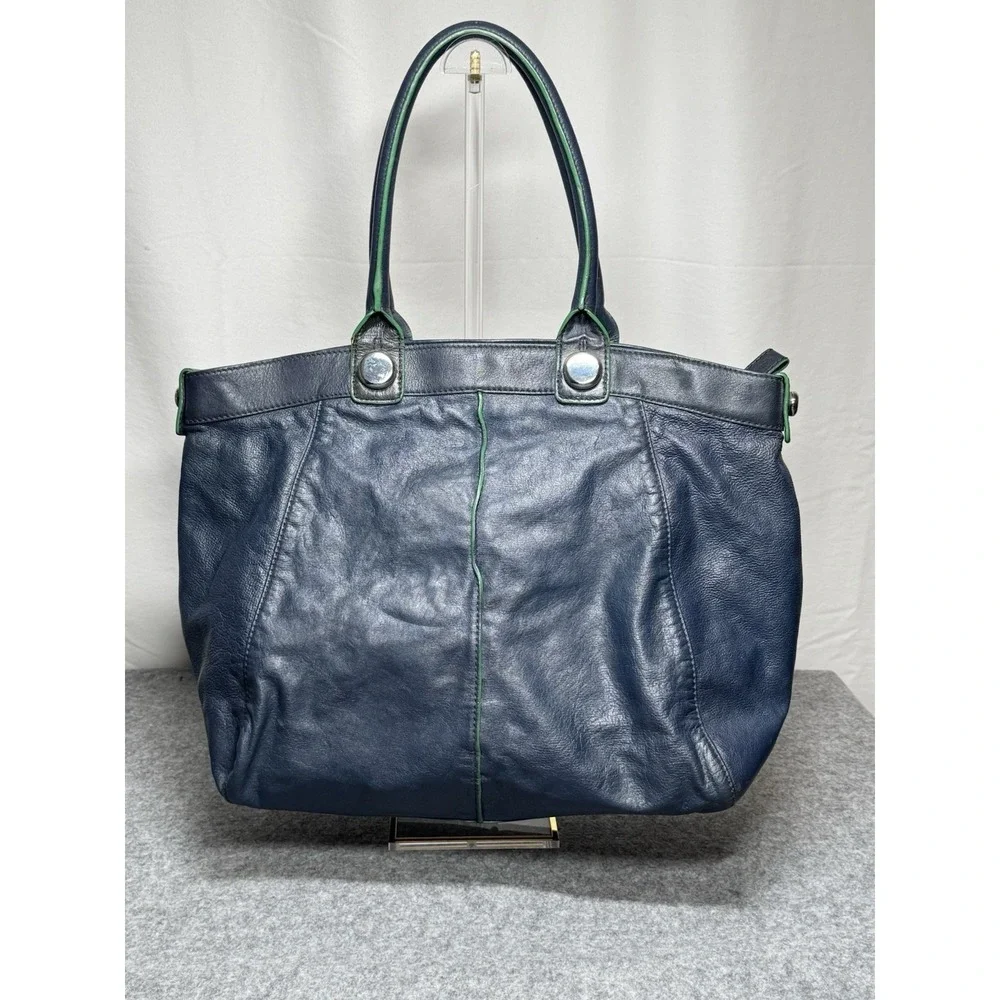 Banana Republic Leather Tote Bag Blue With Green Trim - Picture 2 of 9